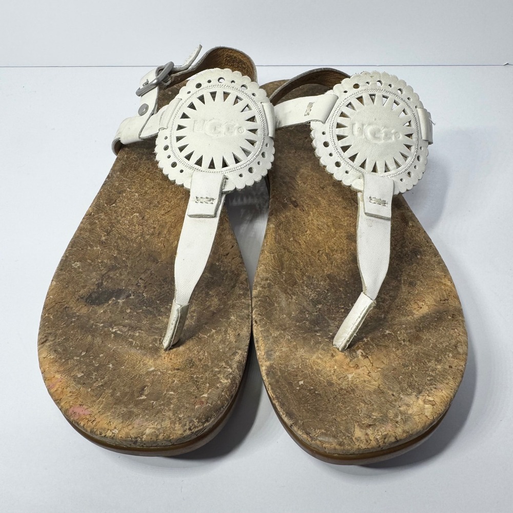 UGG Women's Ayden II White Leather Medallion Cork Thong Slingback Sandals Size 8